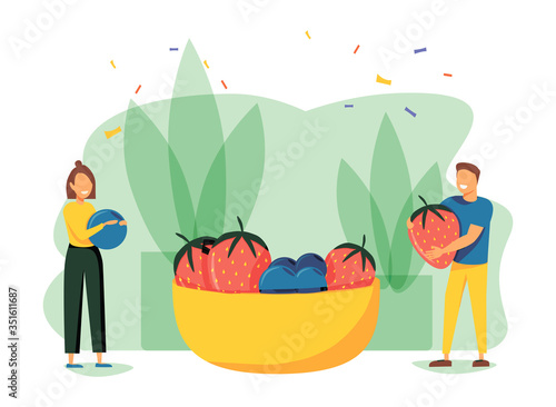 Healthy Eating, Cooking Vegetarian Food and Dieting Concept. Tiny People Eat Berries and Preparing Fruit Jam at Home, Holding Bowl with Strawberries and Blueberries. Cartoon Flat Vector Illustration