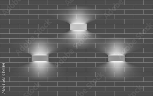 Three lamps with indirect light on the wall. Modern interior lights. Realistic vector illustration