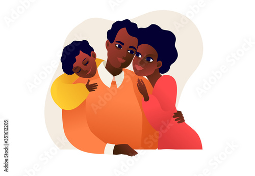 Afro American happy family with mother, father and kid. Cartoon characters. Group family portrait, smiling mom, parents with son vector illustration.