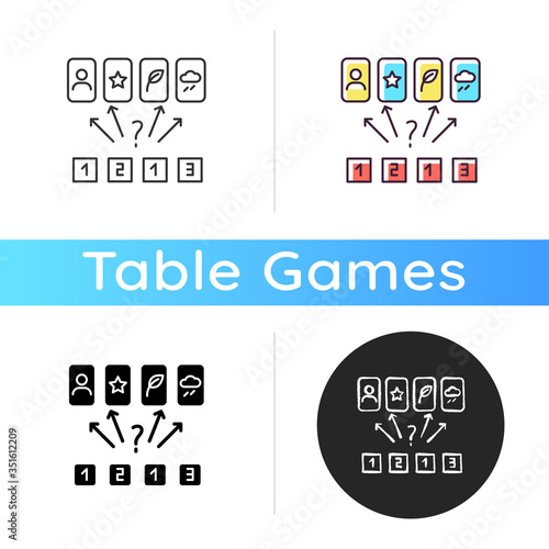 Guess the picture icon. Entertaining logical game, friendly competitive challenge. Linear black and RGB color styles. Family party activity, finding matches. Isolated vector illustrations