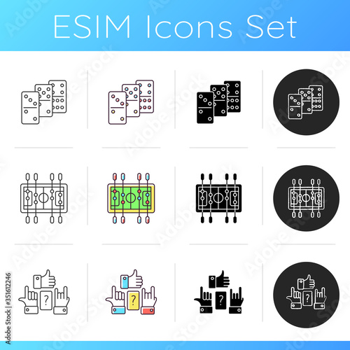 Table games icons set. Popular recreational activities. Table soccer, dominoes and charades. Linear, black and RGB color styles. Different games played on table. Isolated vector illustrations