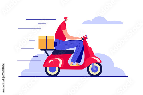 Color vector illustration in a flat style. Fast food delivery. Courier on a scooter delivers an order. The goods delivery man rides a motorcycle.