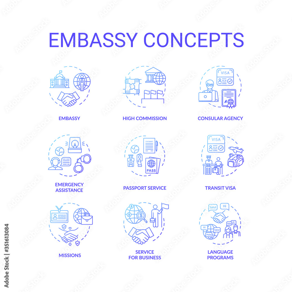 Embassy concept icons set. International relations idea thin line RGB color illustrations. High commission. Foreign affairs. Diplomatic mission. Vector isolated outline drawings Embassy concept icons set. International relations idea thin line RGB color illustrations. High commission. Foreign affairs. Diplomatic mission. Vector isolated outline drawings
