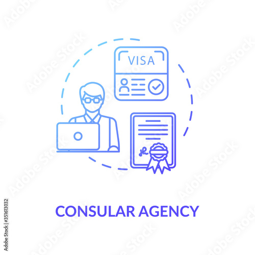 Consular agency concept icon. Visa application. Diplomatic mission idea thin line illustration. Foreign country travel document. Vector isolated outline RGB color drawing
