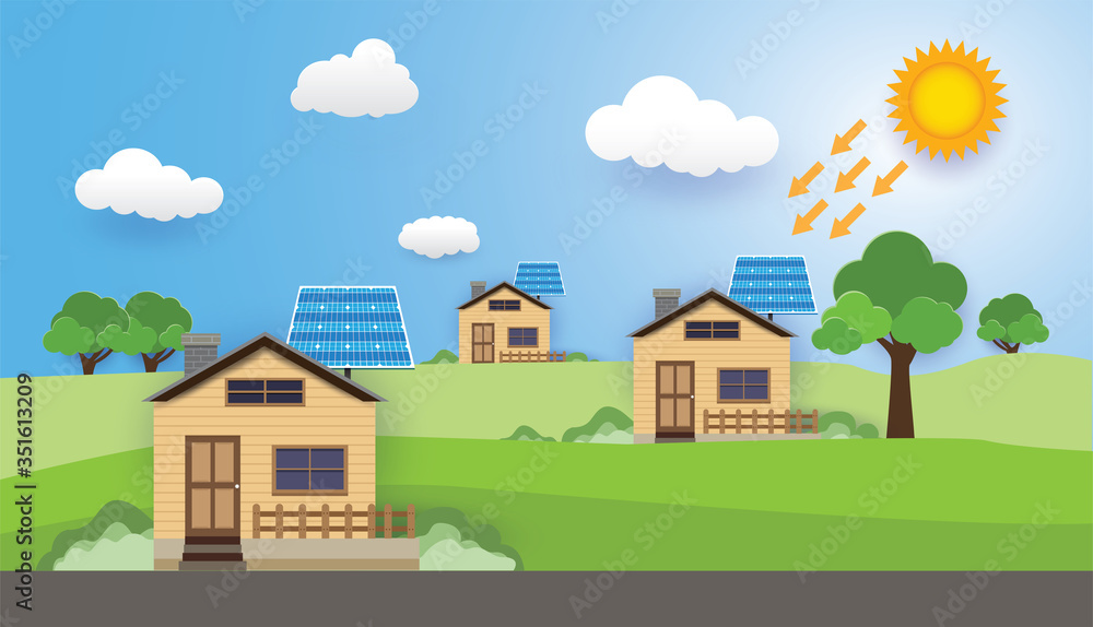 Naklejka premium Green energy and modern house, solar cell, ECO Friendly Home ,vector design