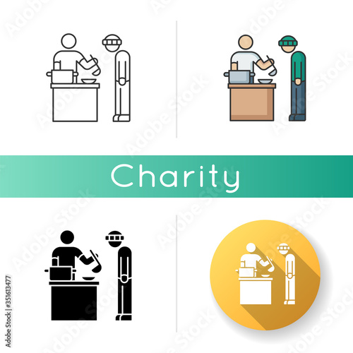 Food bank icon. Humanitarian aid to homeless people. Volunteer to work at social service program. Giving food to poor person. Linear black and RGB color styles. Isolated vector illustrations