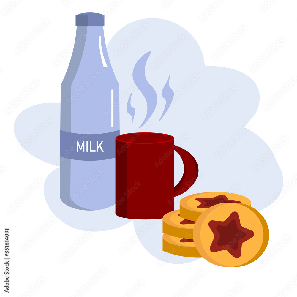 Cookies and milk. A cup and a bottle of milk. The timeist i'iyiatracia in concept style. Cookies and milk. A cup and a bottle of milk. The timeist i'iyiatracia in concept style.