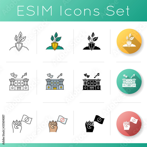 Public protection icons set. Nature protection. Environment preservation. Cultural center. Animal right demonstration. Linear, black and RGB color styles. Isolated vector illustrations