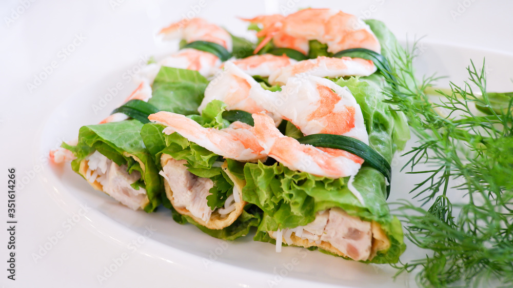 Shrimp roll wrapped with vegetable, healthy vietnamese food
