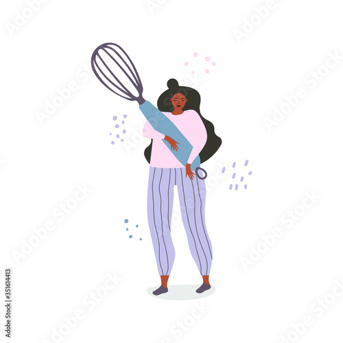 Cute illustration of a sleepy woman standing with a wire whisk in home clothes. Concept of cooking in the morning. Flat cartoon vector illustration on a white background.