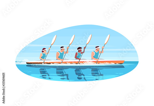 Canoe competition semi flat vector illustration. Multinational cooperation to win extreme sport game. Man and woman with paddle in boat. Athlete 2D cartoon characters for commercial use