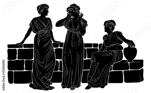 Three ancient Greek women in tunics near a stone parapet are having a dialogue. Vector illustration in vintage style.