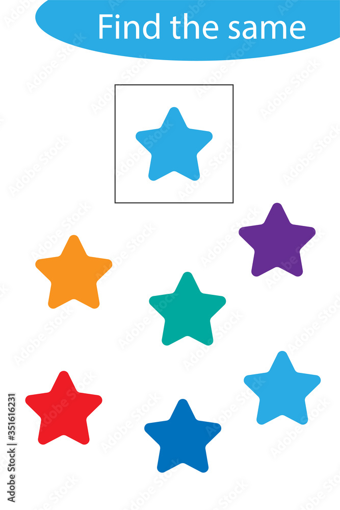 Find the same star, fun education game for children, preschool worksheet activity for kids, task for the development of logical thinking, vector illustration Find the same star, fun education game for children, preschool worksheet activity for kids, task for the development of logical thinking, vector illustration