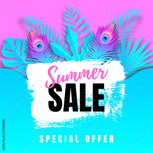 Summer sale exotic banner with tropical leaves