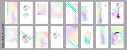 Gradient mesh cover set of backgrounds texture foil pearl shades. Abstract stylish gradient with holographic foil. 90s, 80s retro style