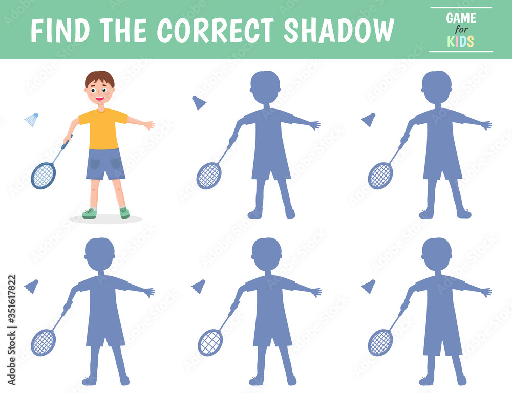 Find the correct shadow. A boy playing badminton. Children's game of mindfulness. Vector illustration.