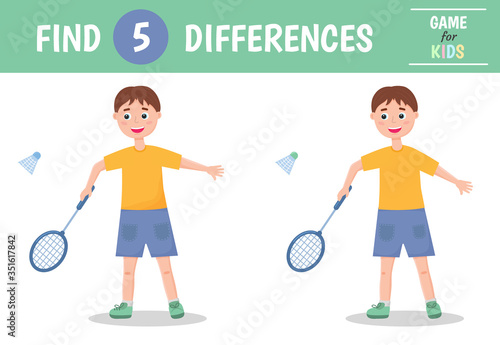 Find five differences. Children's game of mindfulness. A boy plays badminton. Vector.