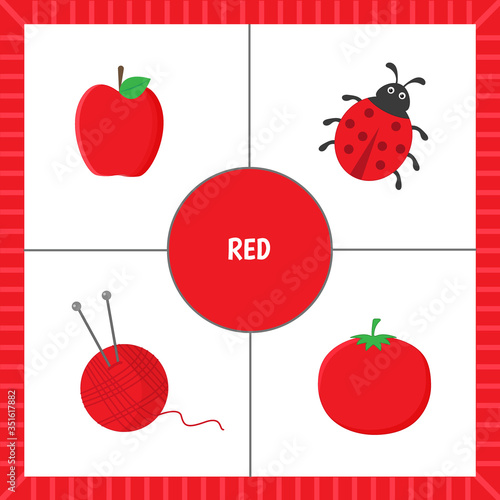 Educational cards for children: learning colors. objects of red color. Vector illustration.