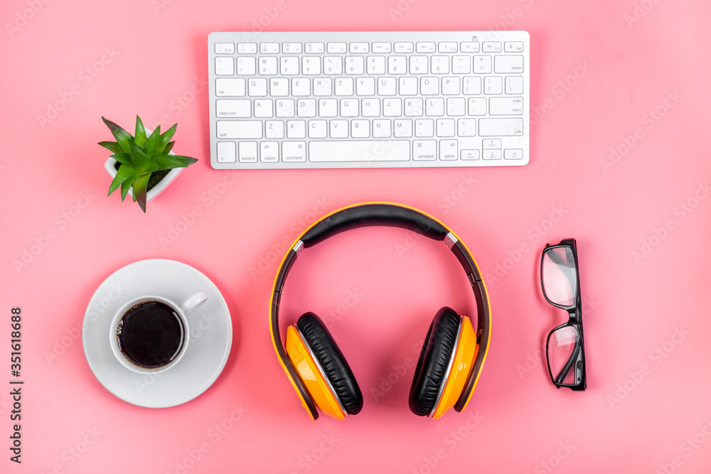 Flat lay webinar concept. headphones near laptop top view Flat lay webinar concept. headphones near laptop top view