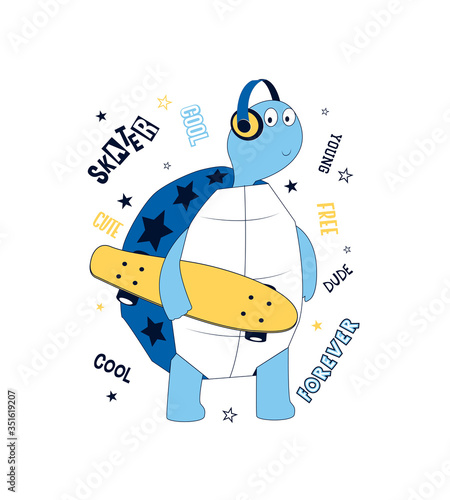 Skater cute turtle. Vector illustration. Hand drawing slogans and icons vector.