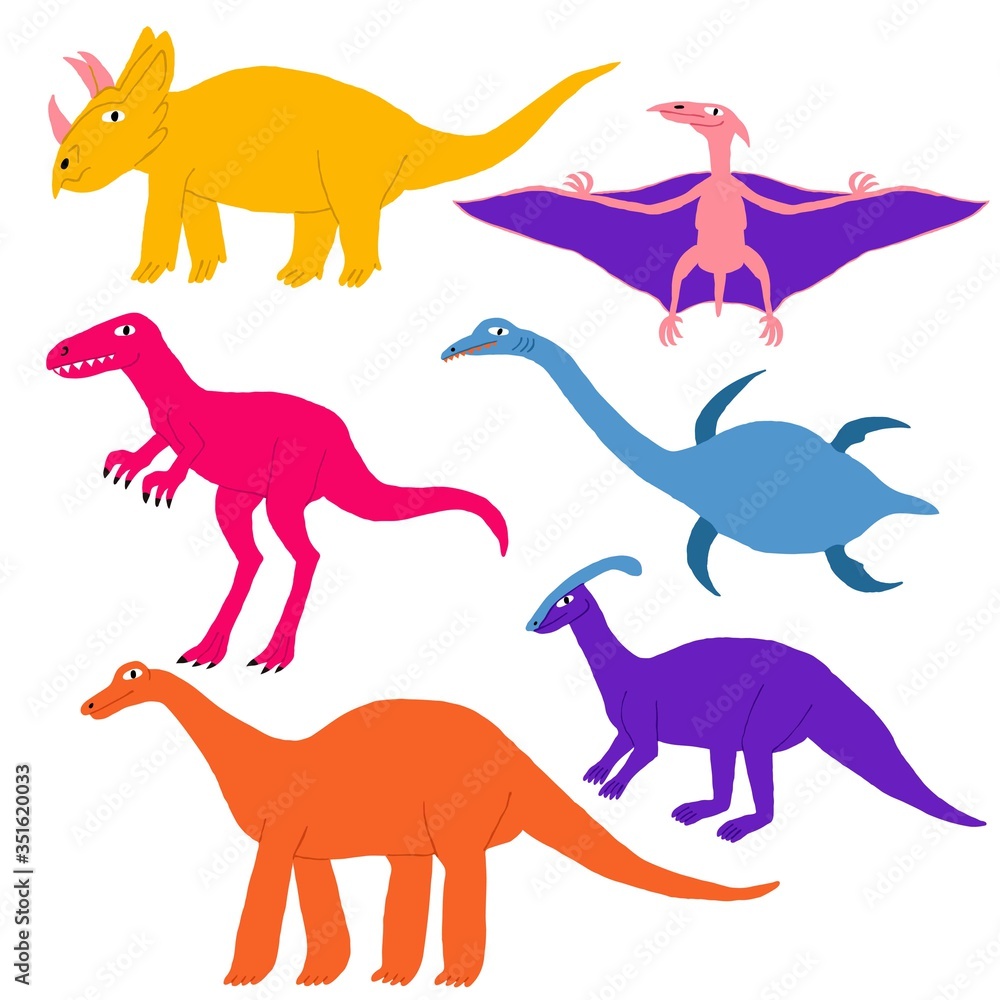 Collection set different kind of dinosaurs isolated on white. Cute multi colored reptiles. Parasaurolophus, tyrannosaurus, triceratops, pterosaur, brontosaurus, plesiosaur. Stock vector illustration.