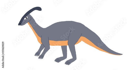 Cute Parasaurolophus isolated on white background. Fun dinosaur with cranial crest. Extinct herbivorous reptile. Flat style drawing. Stock vector illustration.