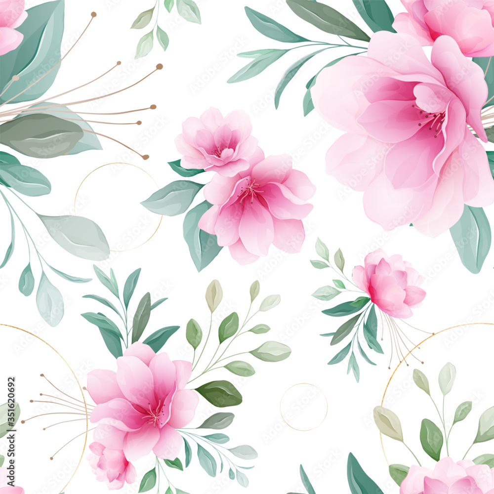 Seamless pattern of pink sakura flowers, gold circle, branches, bud arrangements vector for fashion, print, textile, fabric, and card background vector