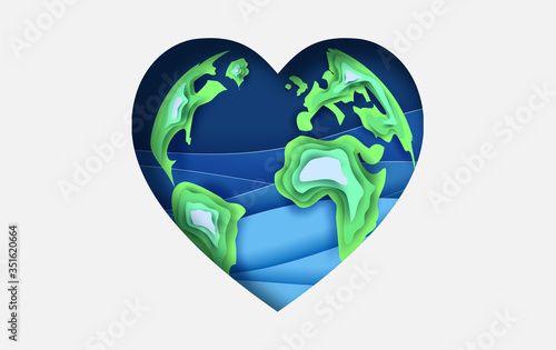 Paper art and cut concept of World Oceans Day. Celebration dedicated to help protect sea earth and conserve water ecosystem. Blue origami craft paper of sea waves.Dolphins are jumping happily in sea.
