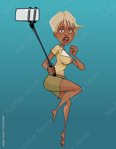 cartoon woman taking self picture with selfie stick