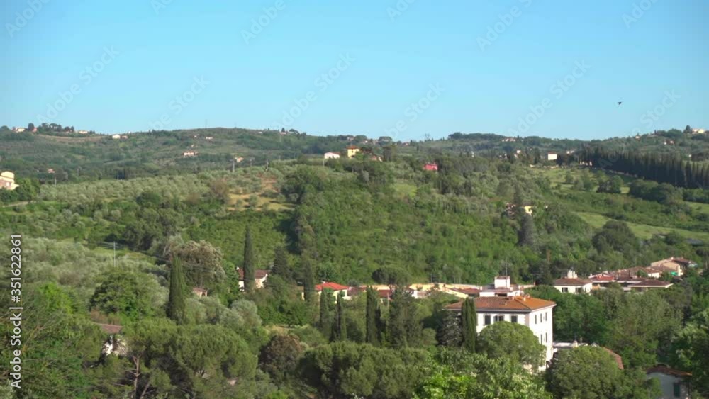 Panning shot of houses amidst green trees against sky, residential district on sunny day - Pompeii, Italy Panning shot of houses amidst green trees against sky, residential district on sunny day - Pompeii, Italy