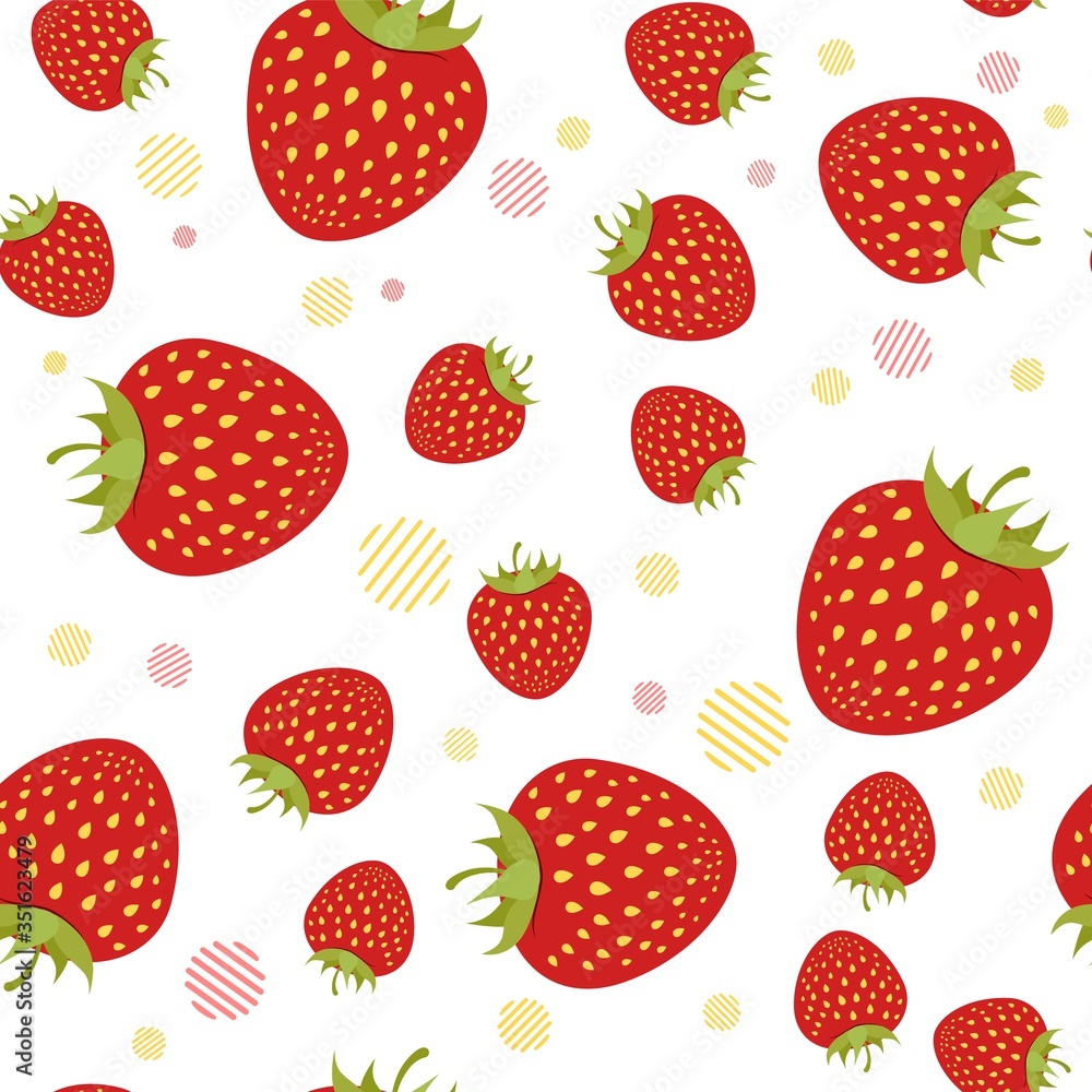 Vector seamless pattern with strawberries and decorative geometric elements on a white background. Bright summer pattern. Picture for packaging. Flat garden berries. Vector seamless pattern with strawberries and decorative geometric elements on a white background. Bright summer pattern. Picture for packaging. Flat garden berries.