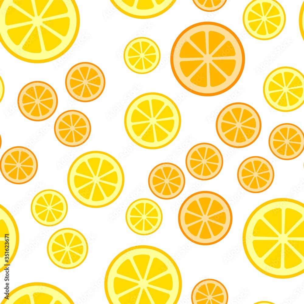 Vector seamless pattern with lemon and orange slices on a white background. Bright summer pattern. Picture for packaging. Sour tropical fruit. Flat minimalistic lemon icon. Vector seamless pattern with lemon and orange slices on a white background. Bright summer pattern. Picture for packaging. Sour tropical fruit. Flat minimalistic lemon icon.