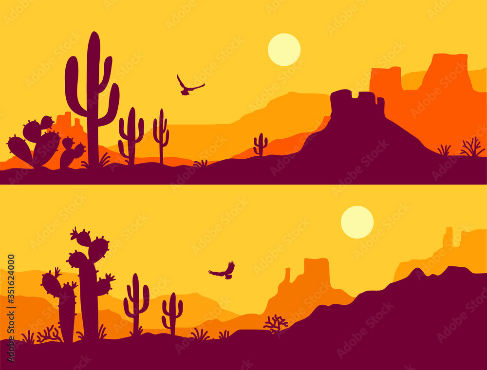 Desert landscape with Cactuses. Arizona desert mountains silhouette ...