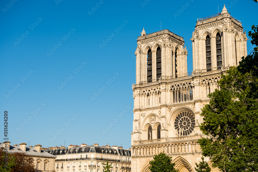 Tower of the Notre-Dame de Paris after the big fire, a medieval Catholic cathedral on the Île de la Cité in the 4th arrondissement of Paris.