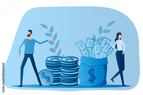 The concept of monetary investment.People stand near the money.Flat vector illustration.
