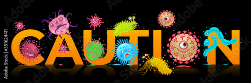 Caution virus set of different funny virus cells. Stock vector illustration.