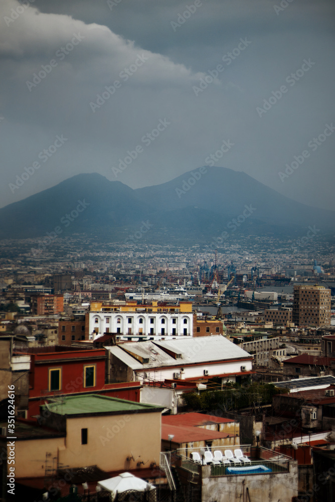 View of the city of Naples on the background of the volcano Vesuvius. Italy. 