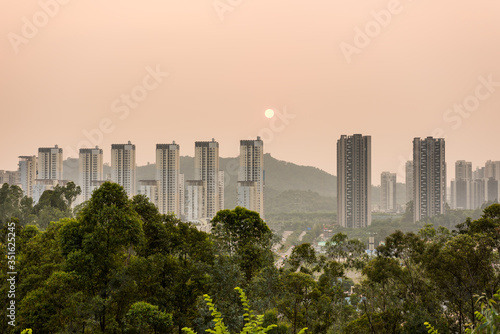 Sunset and skylines in Longgang, Shenzhen, China.