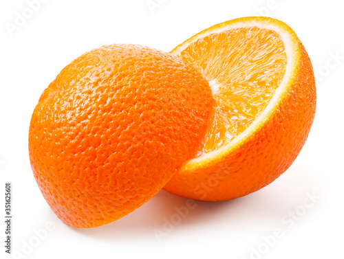 Orange fruit isolated. Orange slice half isolate. Orang half on white. Slices with full depth of field.