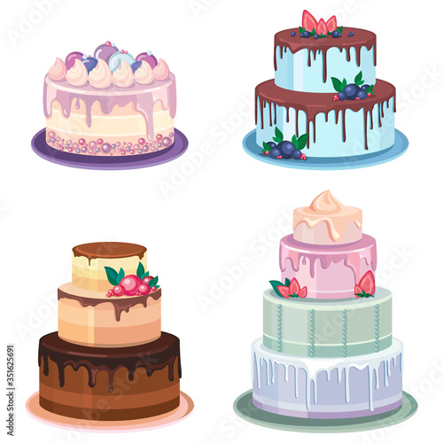 Set of different cakes. Beautiful pastries decorated with cream.