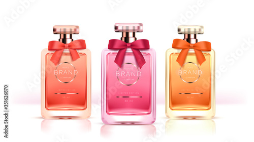 Elegant glass bottles for womens perfumes with silk ribbon on the cap realistic vector. Classic packaging for fragrances and interior perfumes isolated on white background
