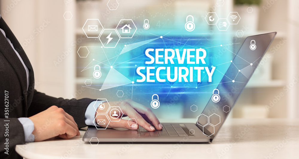 SERVER SECURITY inscription on laptop, internet security and data protection concept, blockchain and cybersecurity SERVER SECURITY inscription on laptop, internet security and data protection concept, blockchain and cybersecurity