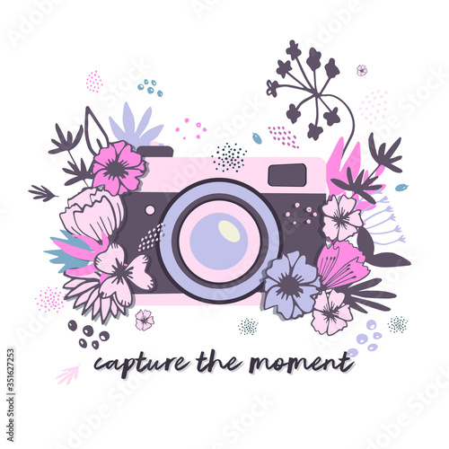 capture the moment. An illustration of a camera with many colors and decorative elements. Beautiful clip art isolated element. Elegant illustration for web banner, poster and greeting card design.
