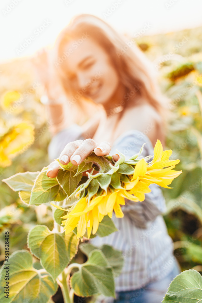 A young girl in a shirt stands in sunflowers A young girl in a shirt stands in sunflowers