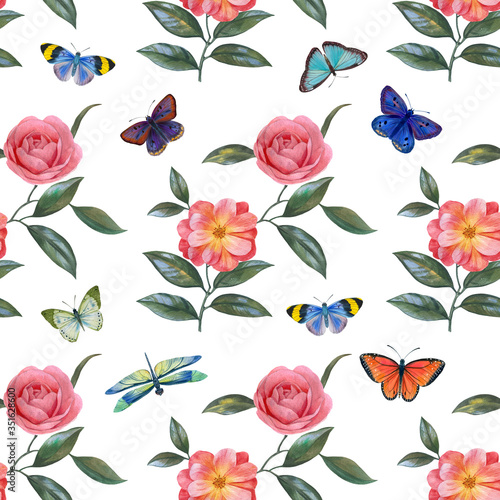 Watercolor seamless pattern with flowers and butterflies on a white background. bright botanical drawing for print and print. wrapping paper with flowers and butterflies.