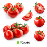 Tomatoes on white background. Tomato isolated. Tomatoes set. Whole, cut, sliced tomatoes. Tomato on branch.