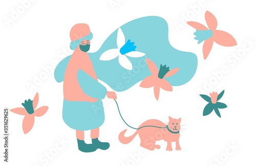 An elderly woman walks with a cat on a white background.Spring llustration with a people and an animal in flat style in cold shades of blue and pink. Design for banners,posters,web,social networks.