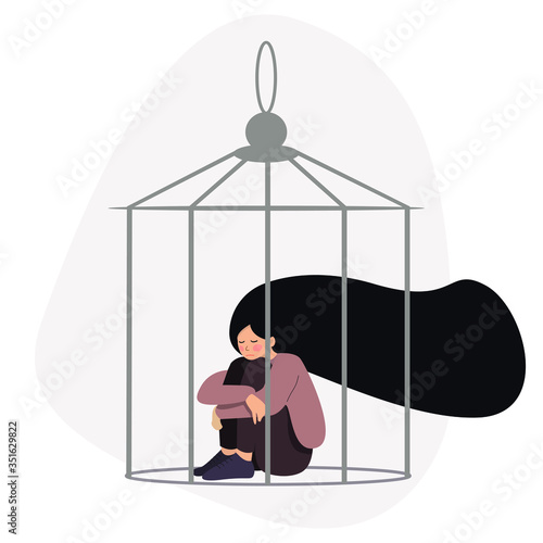 Young sad woman locked in a cage. Concepts of restrictions on the ability of women in society. Human character illustration