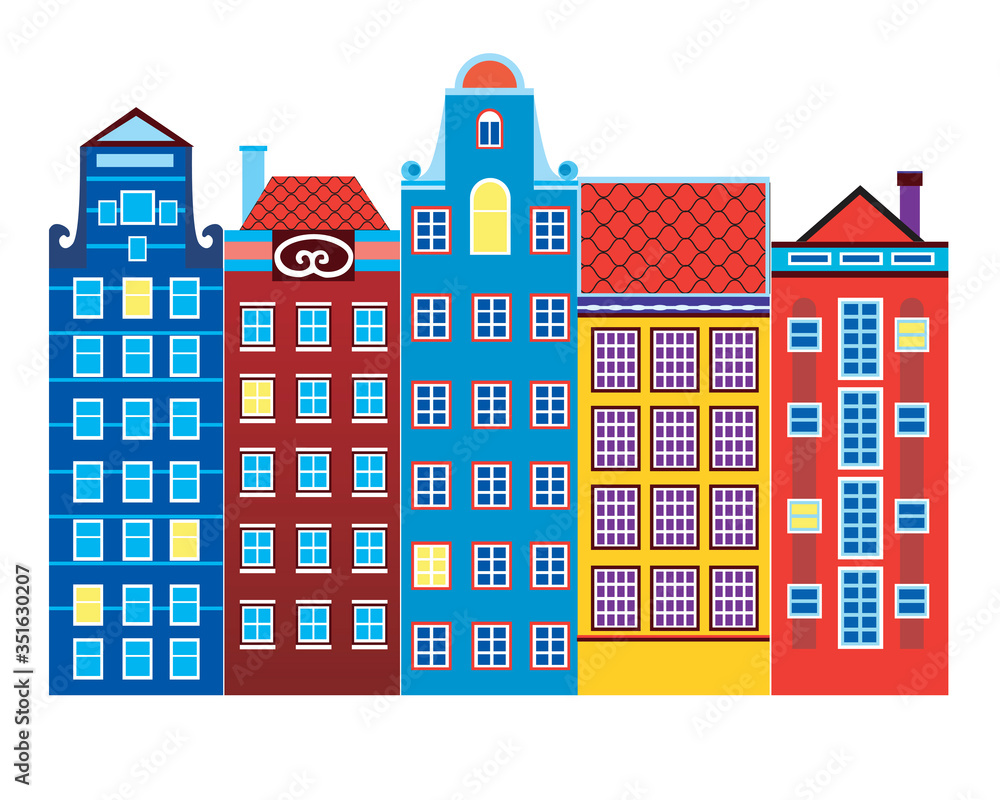 Sweet european houses isolated on white background for design, flat stock vector illustration with architecture in Amsterdam