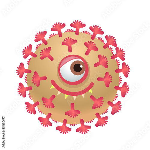 Cartoon virus cell with face Crown. Funny children Vector stock illustration.